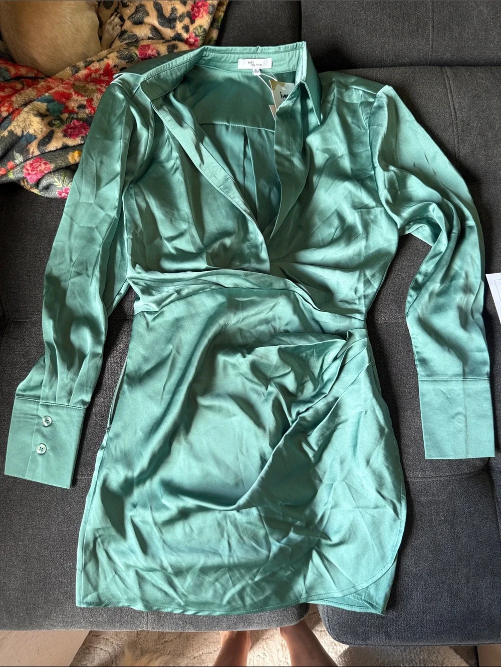 Satin Wrap Long-Sleeve Mini Dress - Teal Green